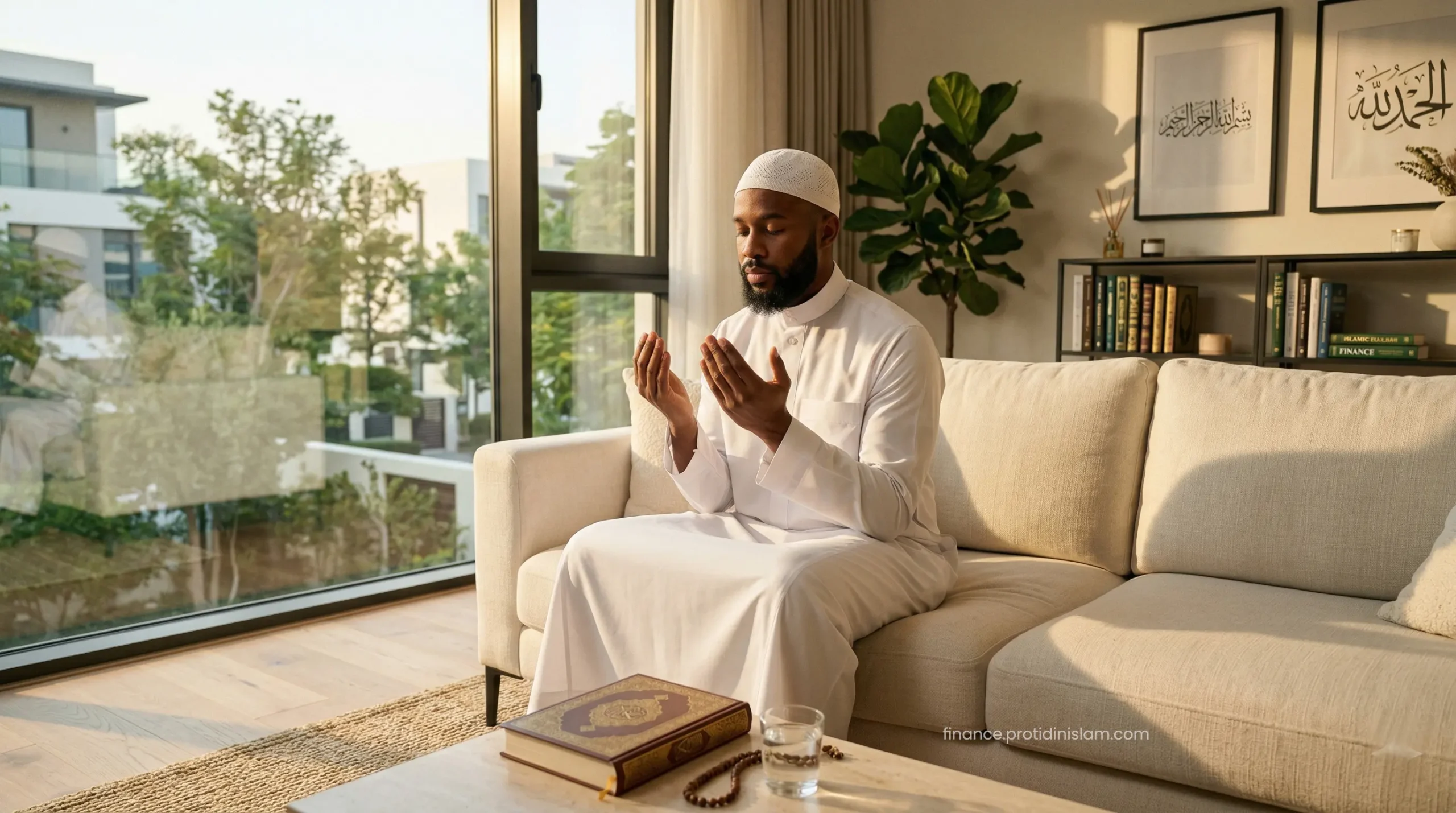 An African Muslim man making sincere Dua in the morning to seek Barakah and Halal financial success from Allah.