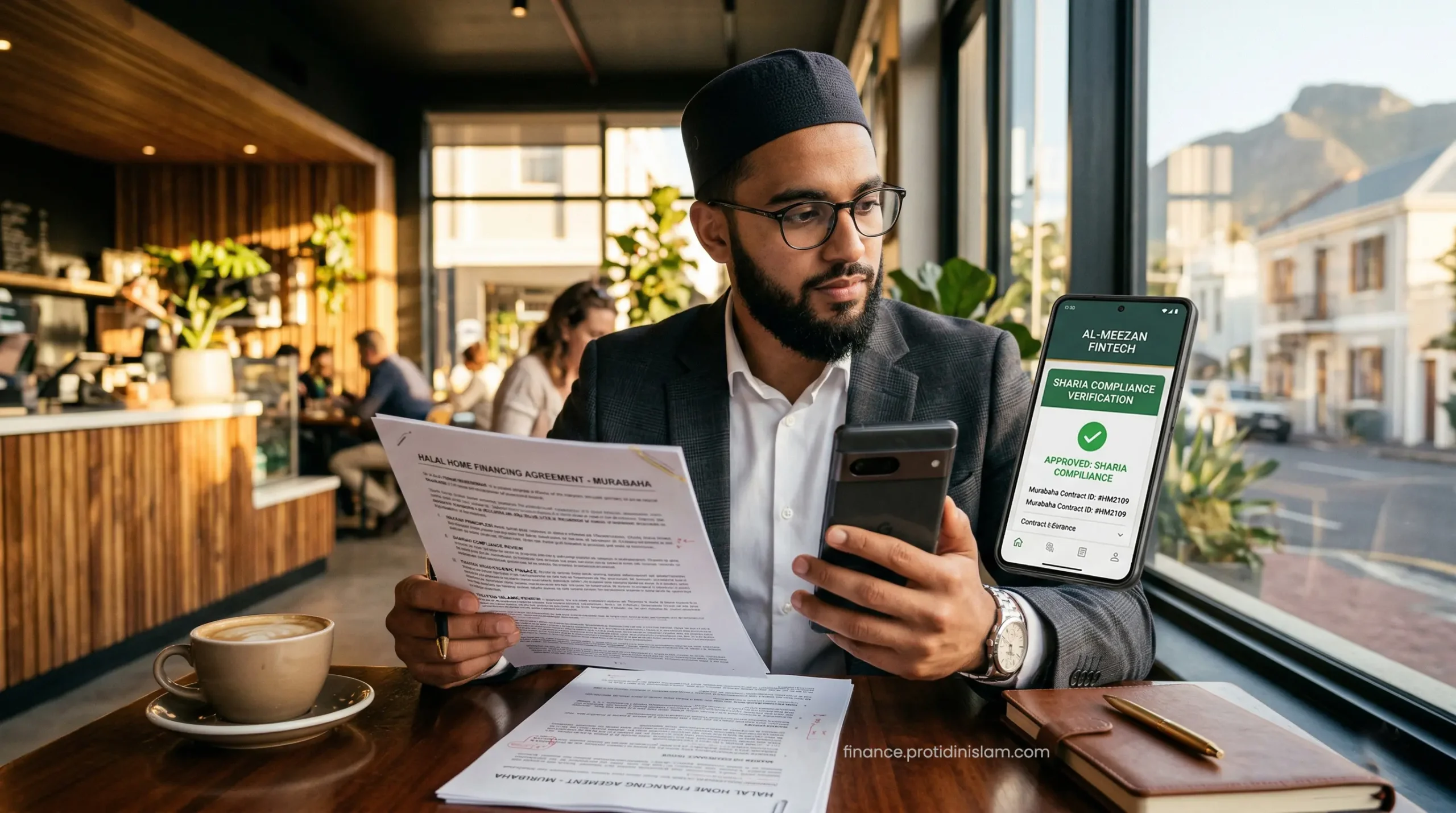 A smart Muslim professional carefully reviewing a banking contract to ensure it is 100 percent Sharia-compliant and Riba-free.
