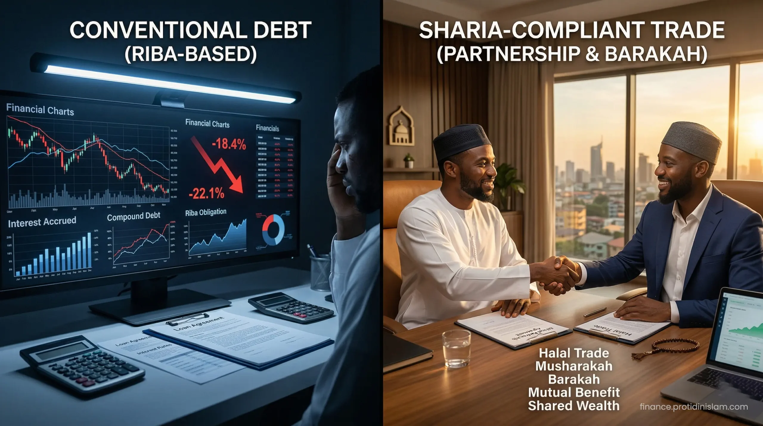 A visual comparison between cold conventional debt charts and warm Sharia-compliant ethical business partnerships.