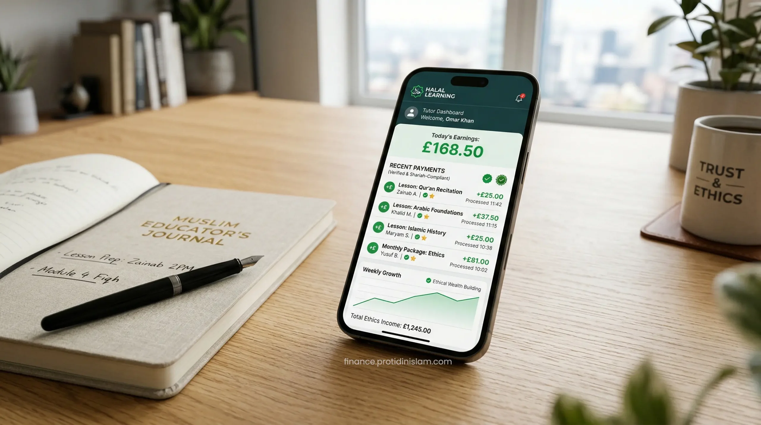 A close-up of a smartphone screen showing successful earnings from an ethical Halal tutoring app.