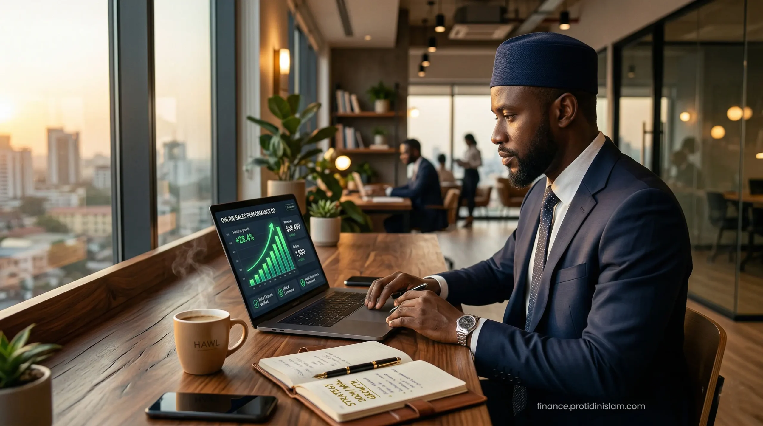 A Nigerian Muslim entrepreneur checking profitable sales data on a laptop for his Sharia-compliant digital business.