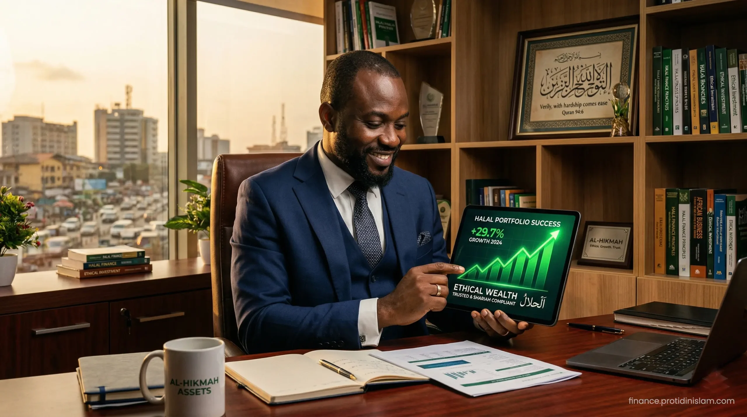 A Nigerian entrepreneur reviewing Sharia-compliant Halal investment growth and ethical wealth statistics on a tablet.