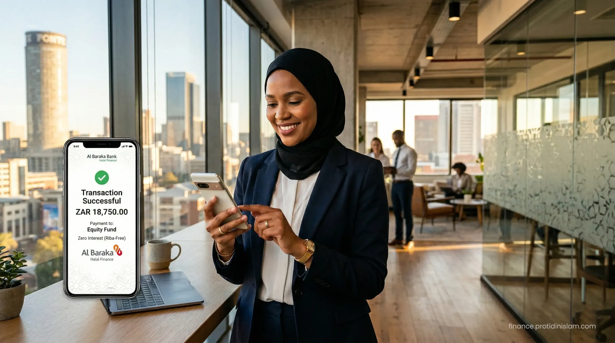 A South African Muslim professional conducting a secure, zero-interest transaction using a Halal banking mobile app in Johannesburg.