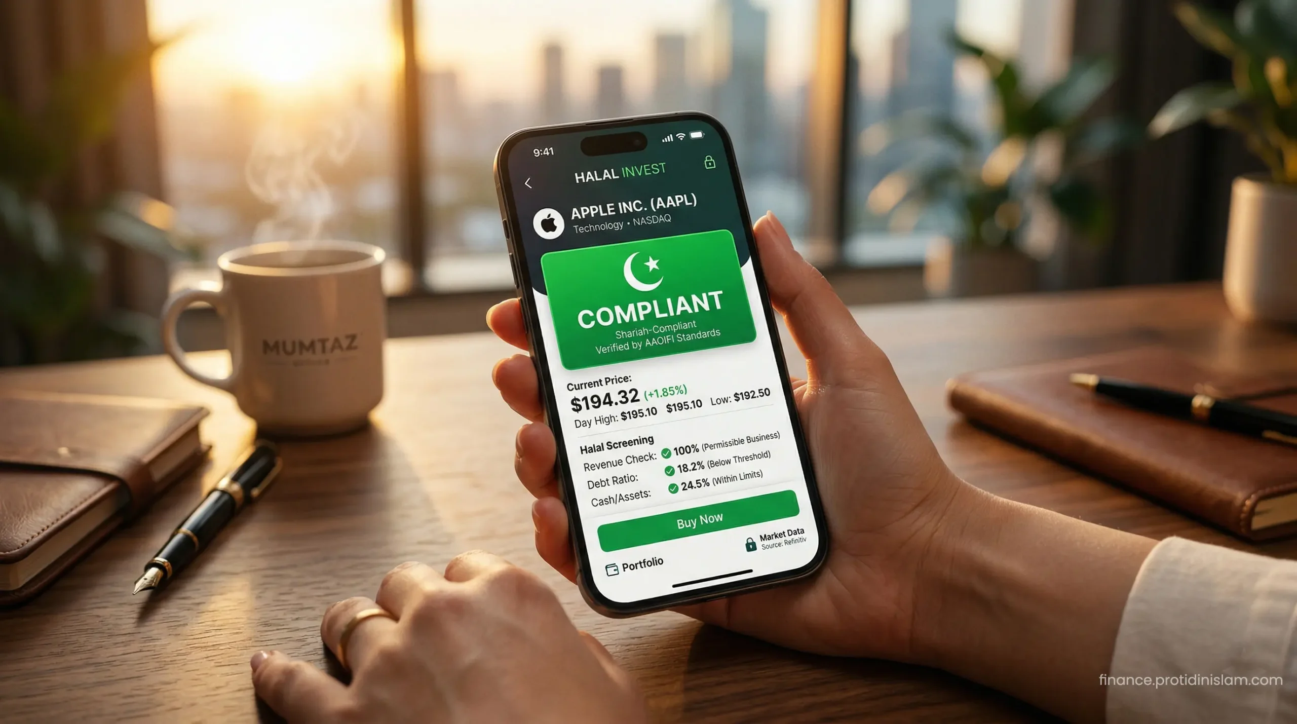 A close-up of a smartphone screen showing a Halal stock screener app displaying a green compliant badge for ethical investing.