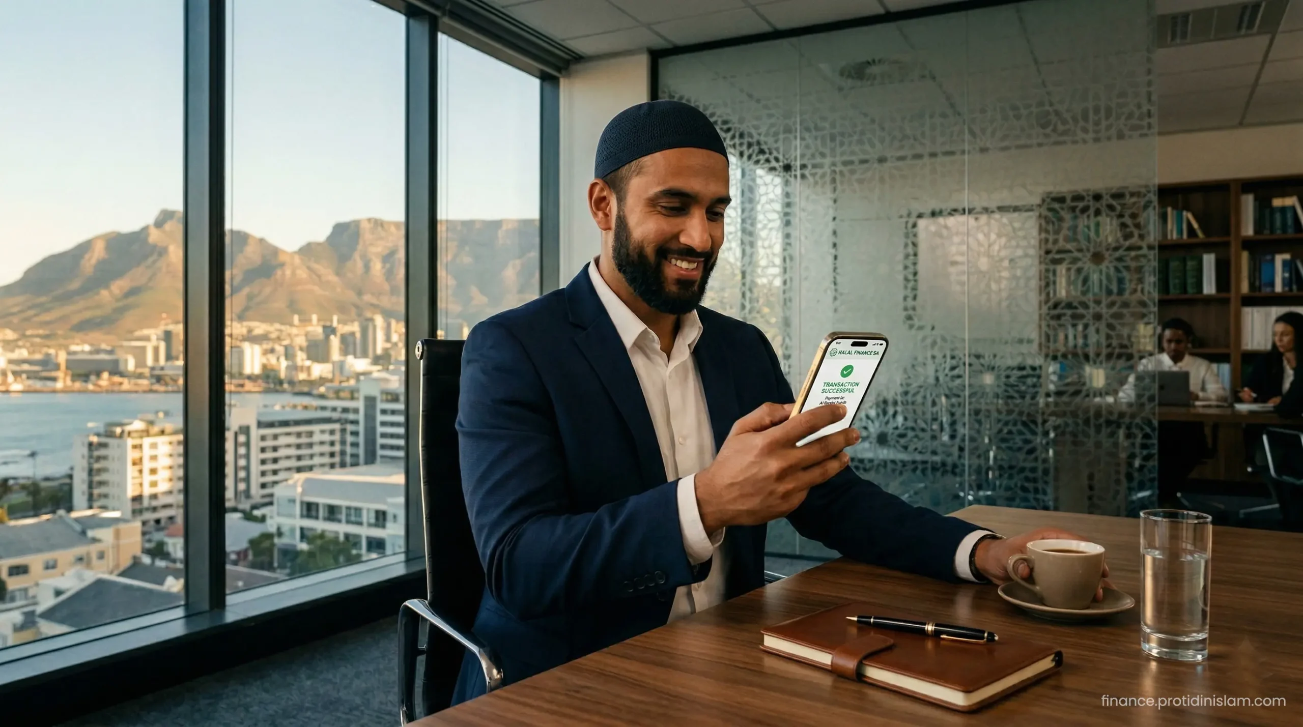 A modern Muslim professional in South Africa confidently using a zero-interest Islamic banking app on a premium smartphone.