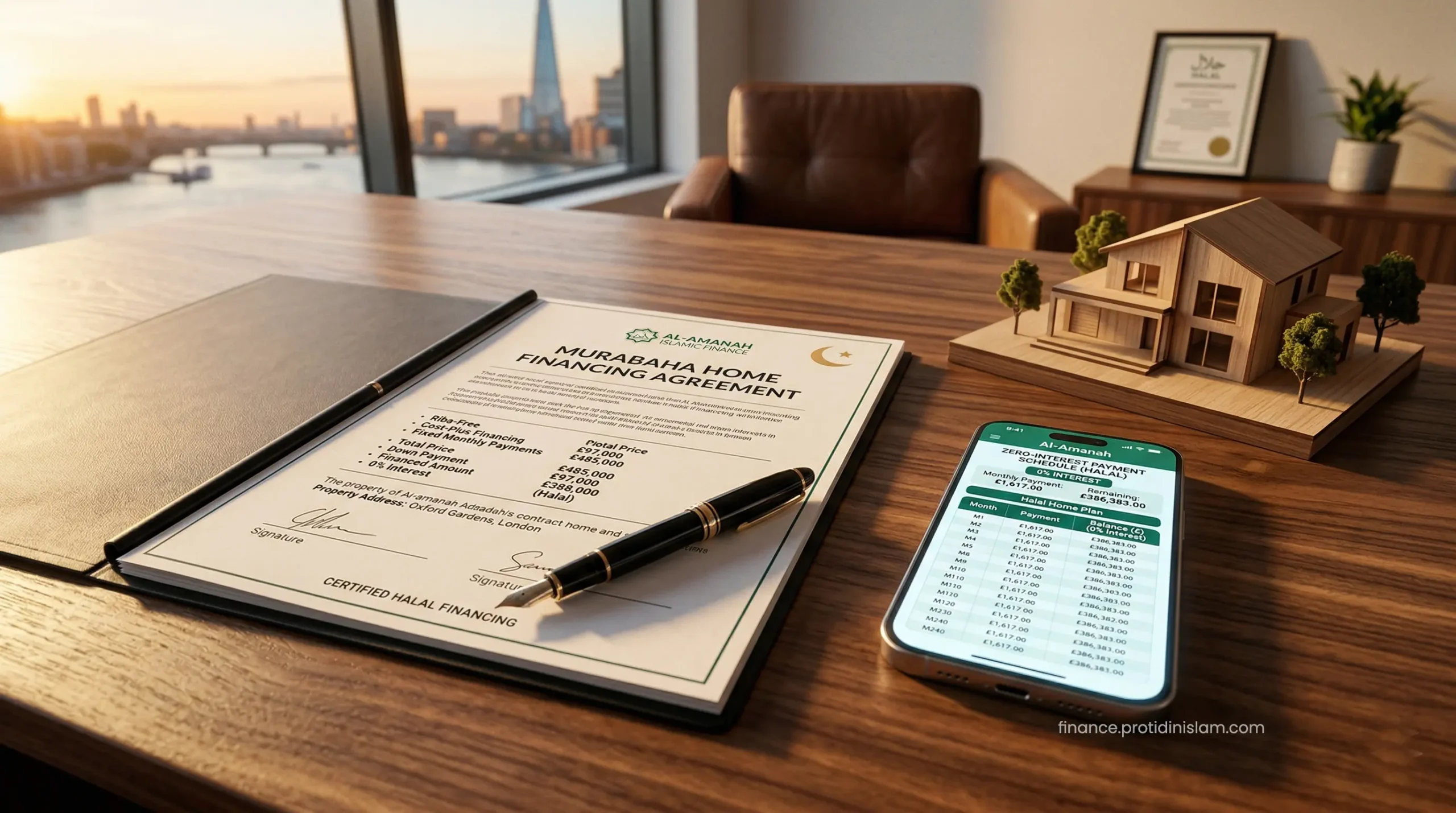 A close-up of a Sharia-compliant mortgage contract and a smartphone displaying a Riba-free property payment schedule.