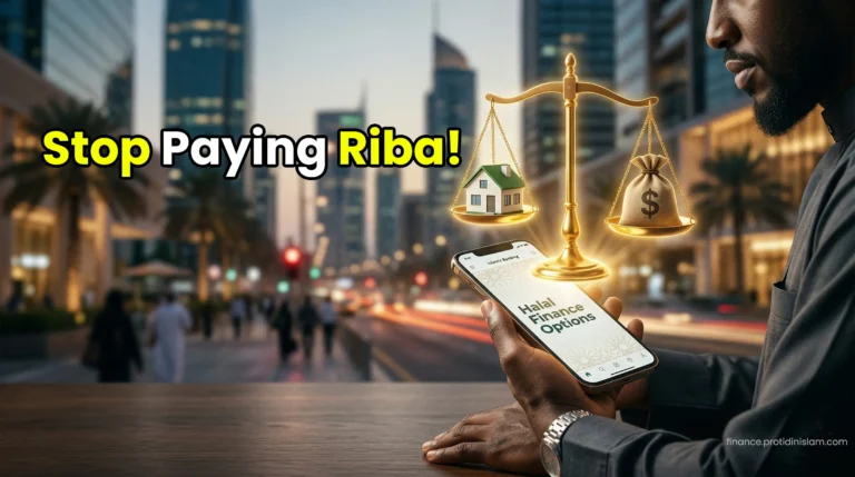 A glowing golden scale floating above a smartphone representing the ethical balance of Islamic banking vs conventional banking.