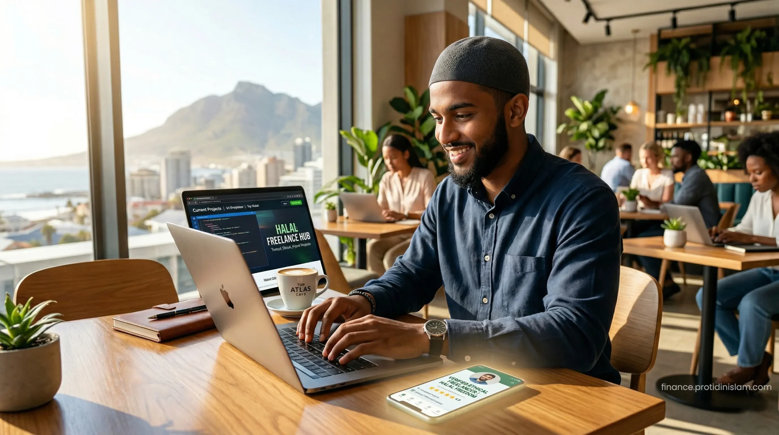 A young Muslim freelancer in South Africa working on a laptop to earn Halal income online.