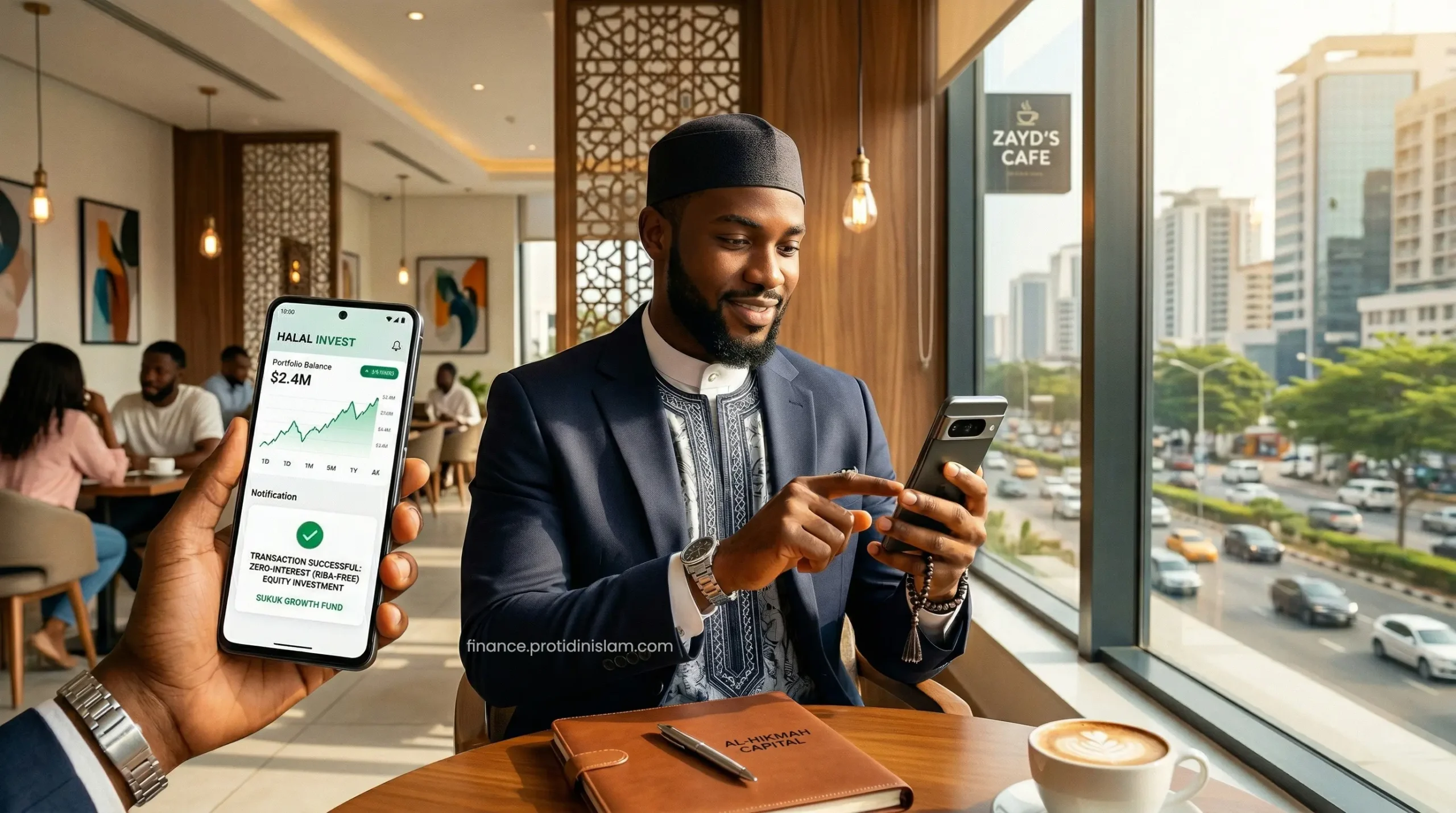 A young Nigerian Muslim entrepreneur reviewing Sharia-compliant investment opportunities on a premium smartphone in Lagos.