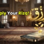 Glowing golden Arabic calligraphy for Rizq floating over a smartphone, symbolizing powerful prayers for Halal wealth and financial success.