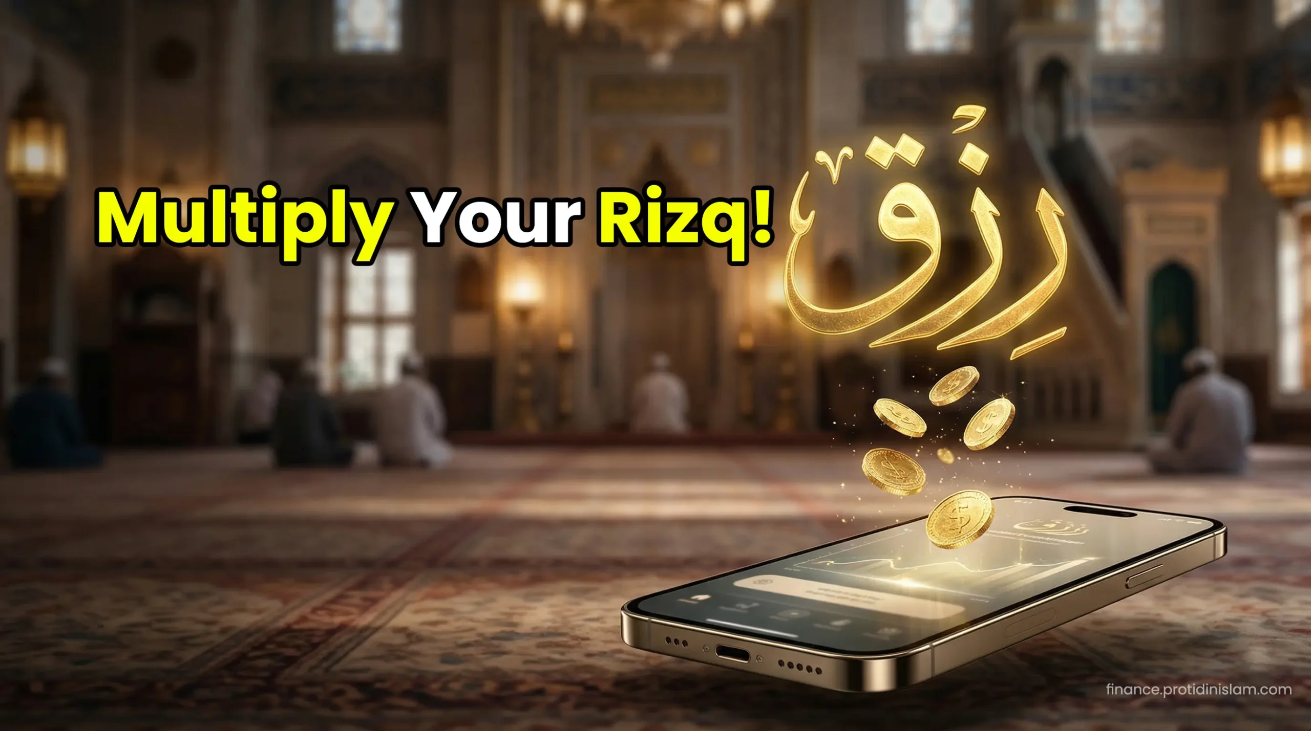 Glowing golden Arabic calligraphy for Rizq floating over a smartphone, symbolizing powerful prayers for Halal wealth and financial success.