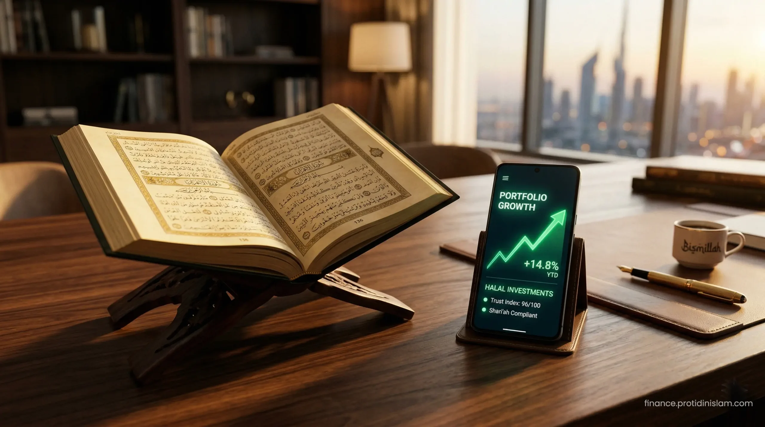An open Quran next to a smartphone showing a green financial growth chart, representing the Barakah of Halal business.