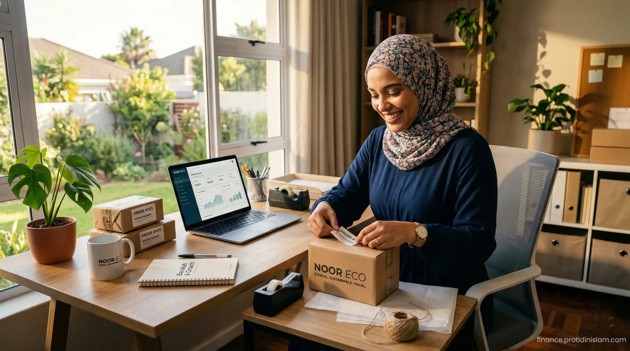 A young Muslim entrepreneur in South Africa packing orders for her low-investment Halal e-commerce business.