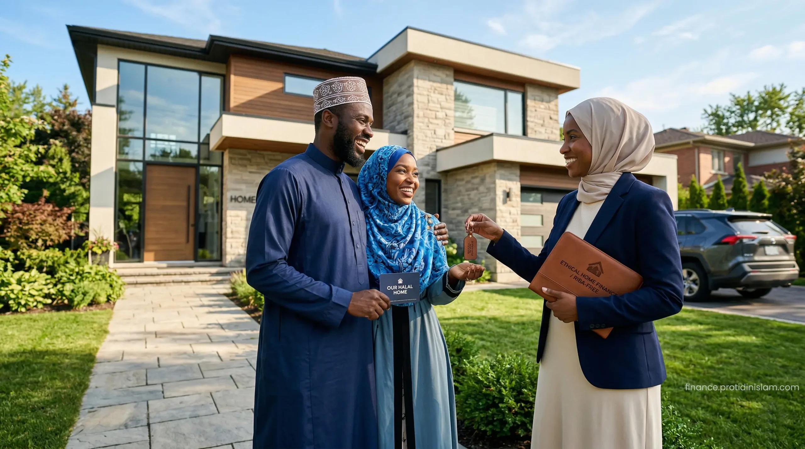 A happy African Muslim couple receiving the keys to their new home purchased through a zero-interest Islamic mortgage.