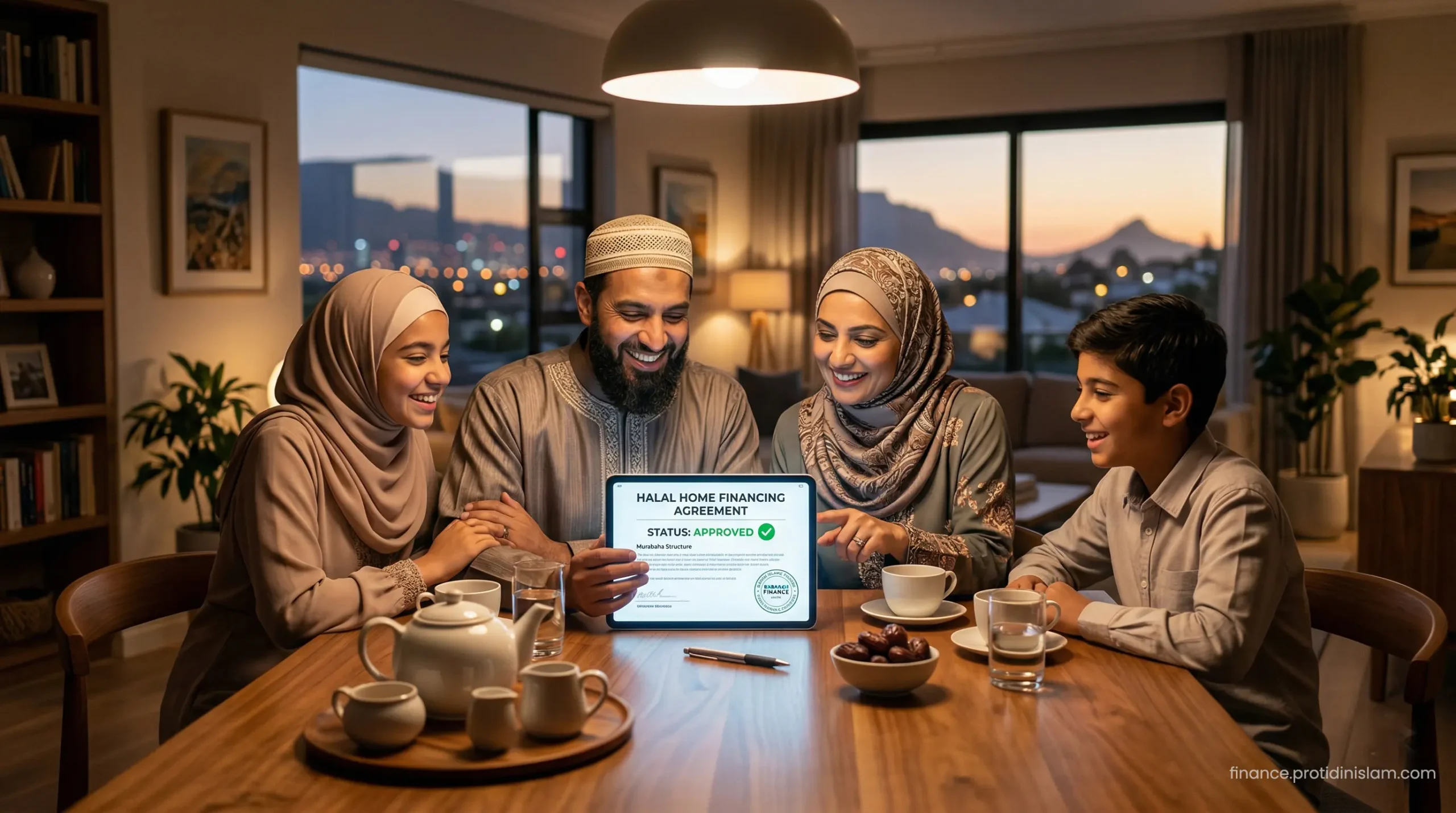 A happy South African Muslim family sitting together and reviewing an approved Sharia-compliant home financing document.