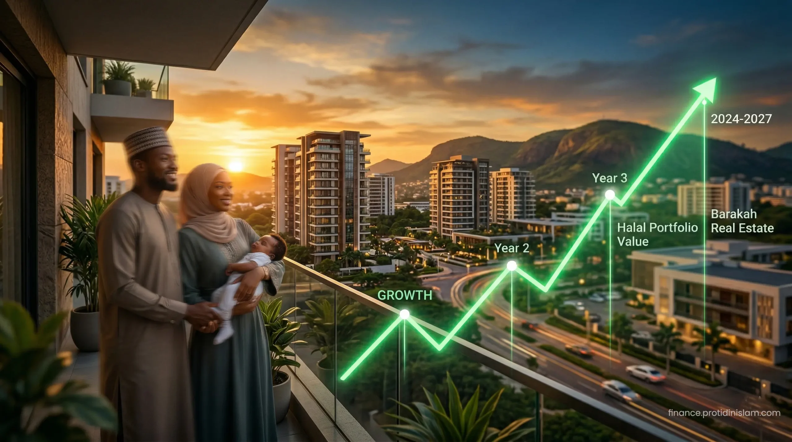 A glowing green financial growth graph representing successful Halal real estate investments and ethical wealth building in Nigeria.