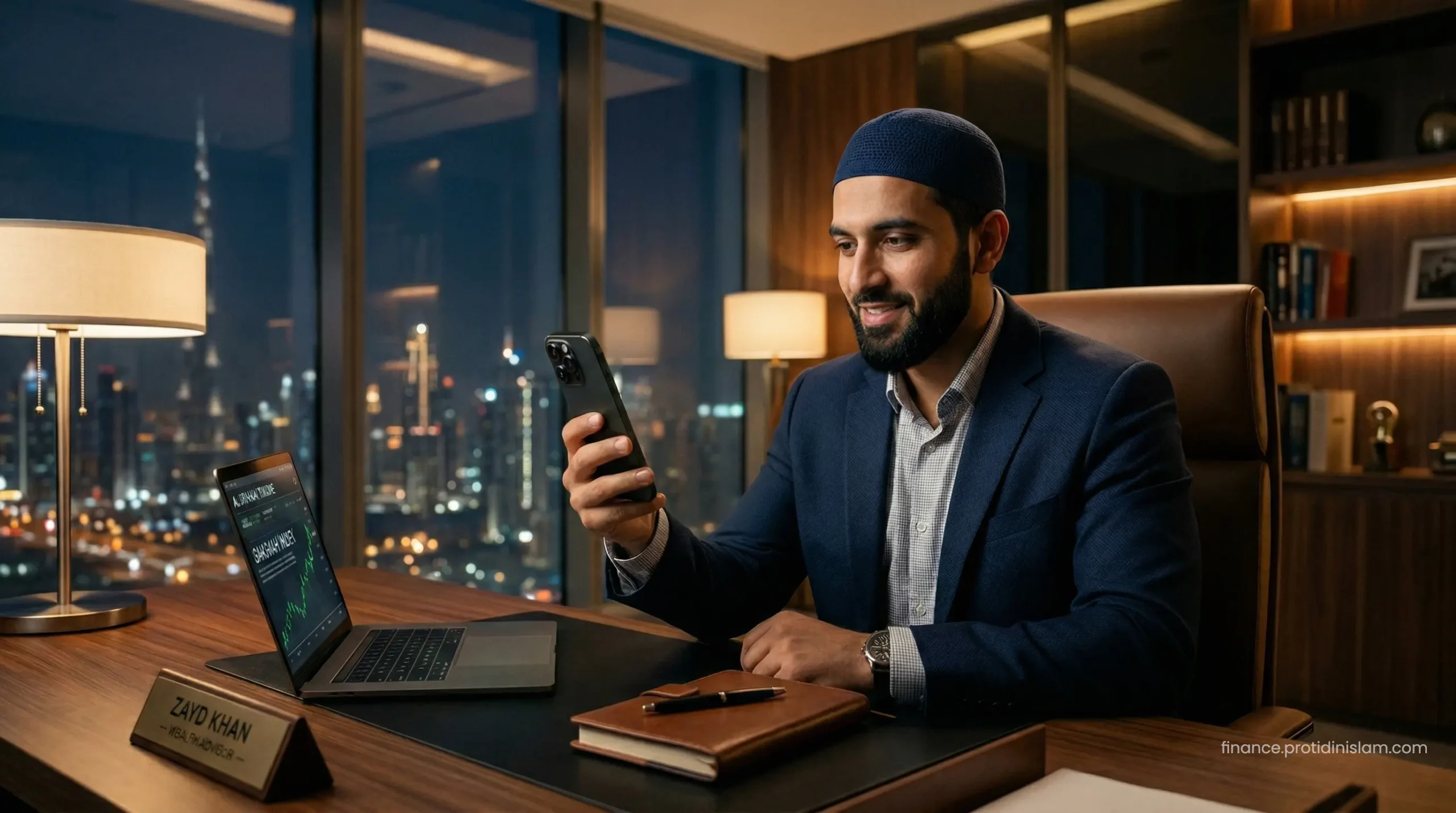 A modern Muslim trader analyzing glowing green Sharia-compliant stock charts on a premium smartphone to build Halal wealth.