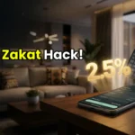A glowing 2.5 percent symbol floating above a smartphone, representing the accurate calculation of Zakat for Muslims.