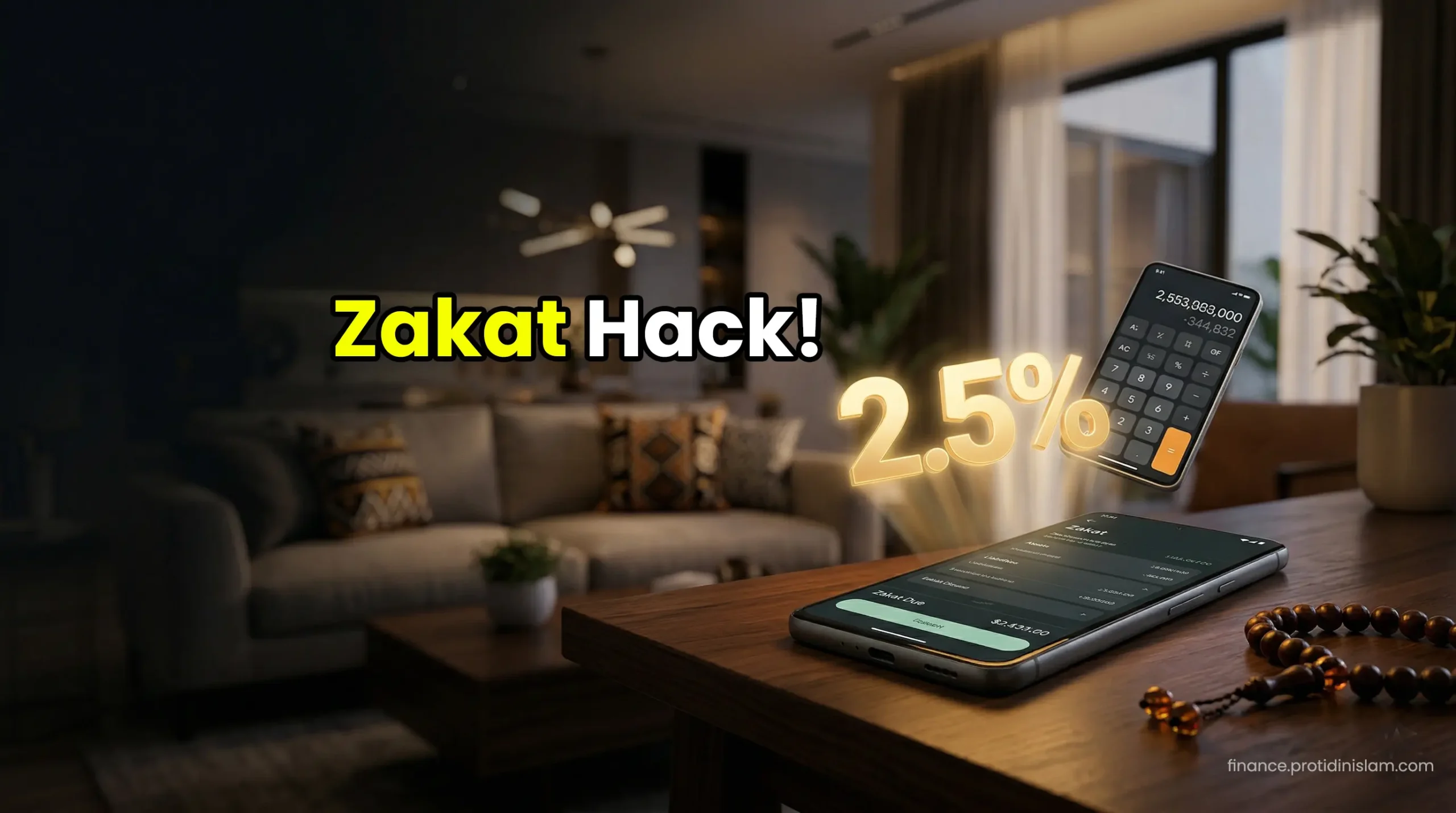 A glowing 2.5 percent symbol floating above a smartphone, representing the accurate calculation of Zakat for Muslims.