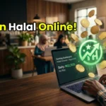 A glowing freelancer icon and gold coins floating above a laptop, representing profitable and Halal ways to make money online.