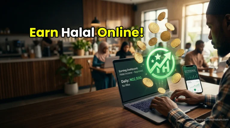 A glowing freelancer icon and gold coins floating above a laptop, representing profitable and Halal ways to make money online.