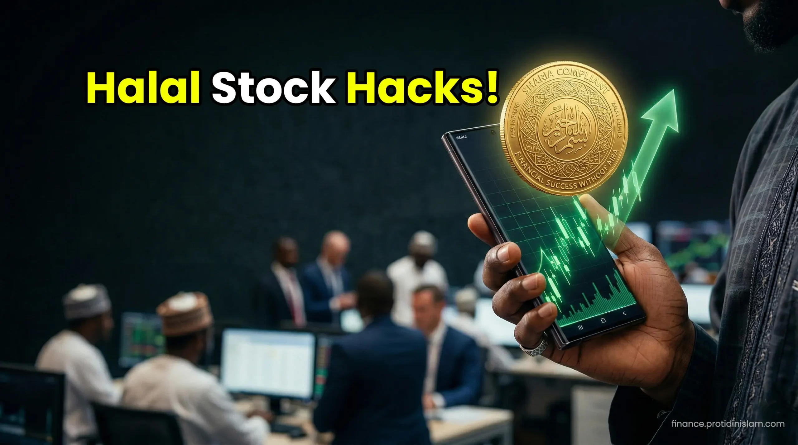 A glowing green candlestick stock chart floating above a smartphone, representing successful Sharia-compliant stock trading and Halal wealth.
