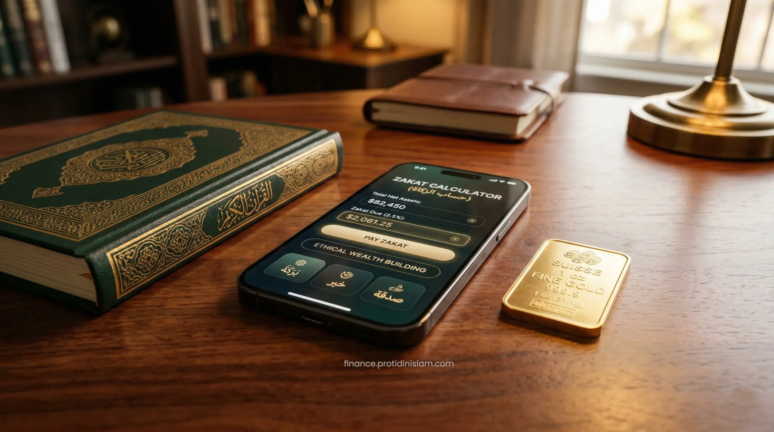 A close up of a smartphone displaying a Zakat calculation next to a gold bar and the Quran, representing pure Sharia-compliant wealth.